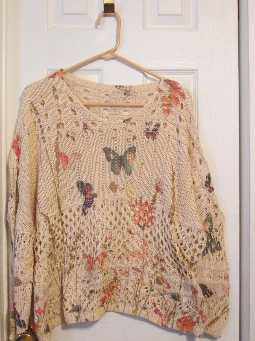 Women's Boho Beige Butterfly Pullover Sweater Size 1XL